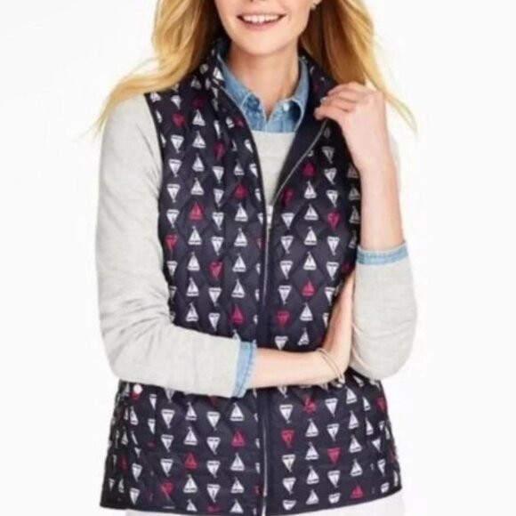 Talbots Lightweight Nautical Sailboat Navy Blue Quilted Puffer Vest, Size XL - Picture 1 of 7